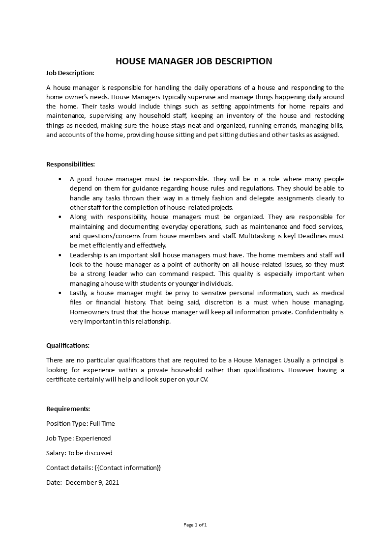 house manager job description Main Image house manager job description template