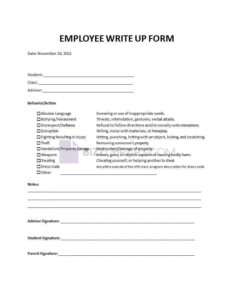 write-up form for employees template