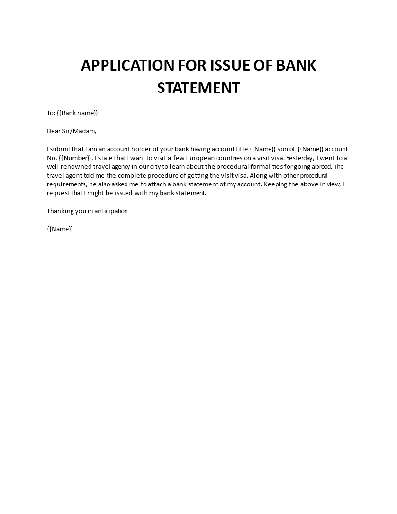 application for issue of bank statement