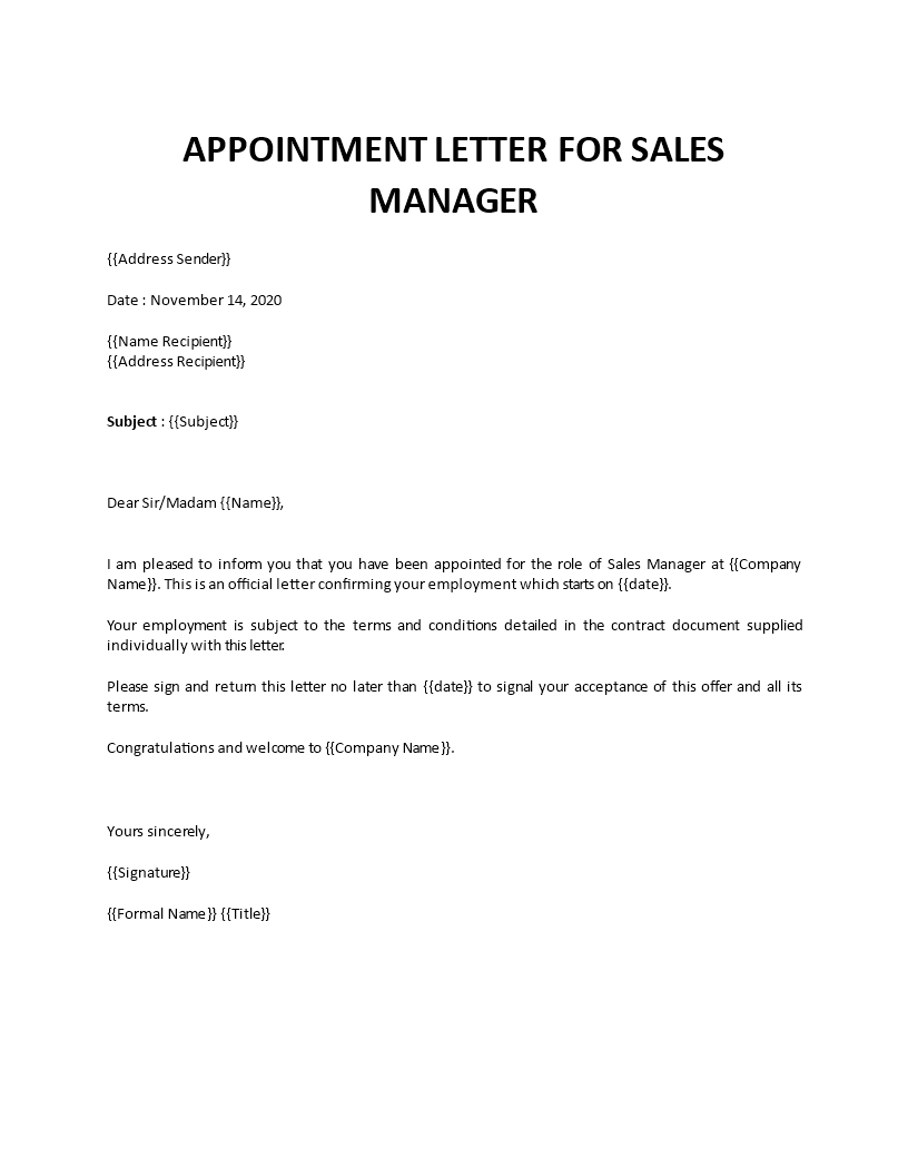 appointment letter for sales manager template