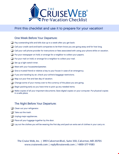 Cruise Vacation Checklist Template - Ensure a stress-free vacation with this comprehensive checklist