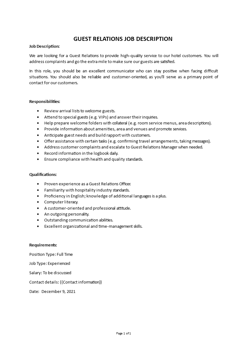 guest relations job description Main Image guest relations job description template