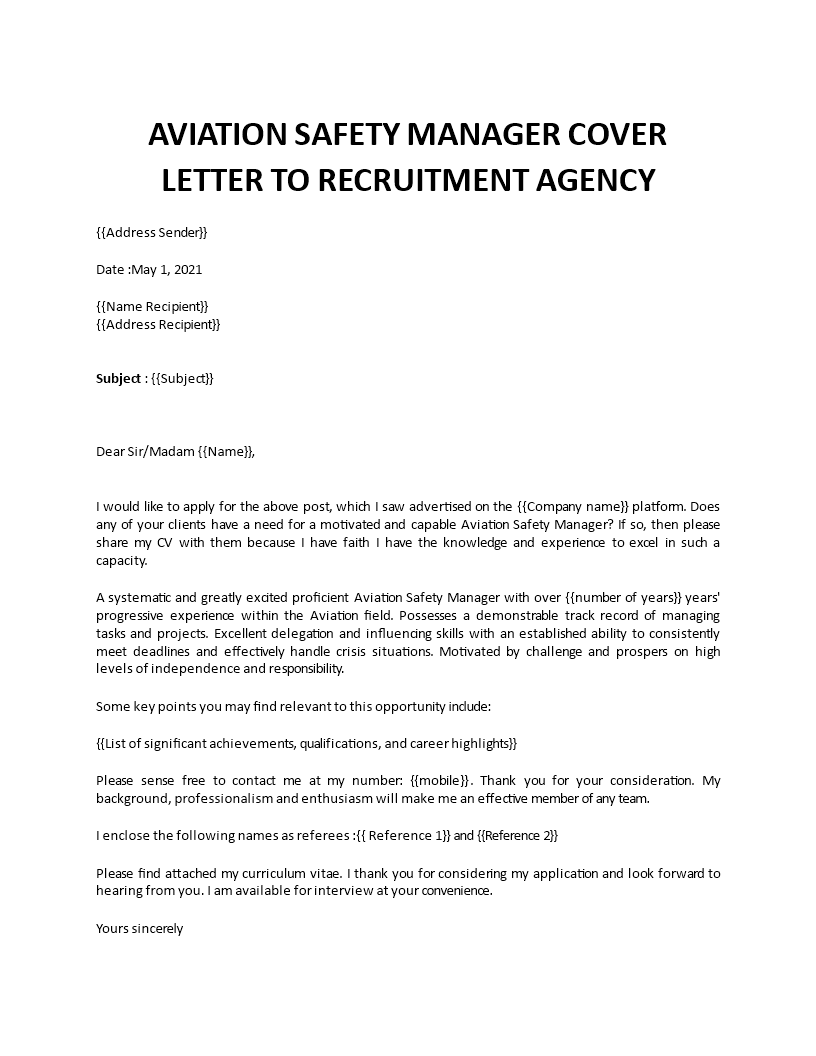 aviation safety manager cover letter