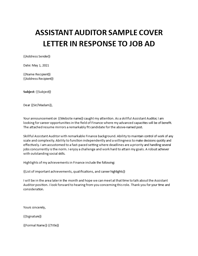 assistant auditor sample cover letter  template