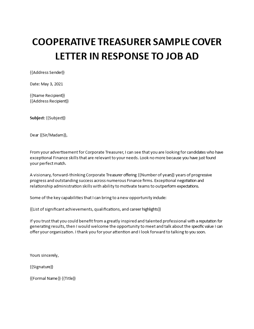 corporate treasurer cover letter