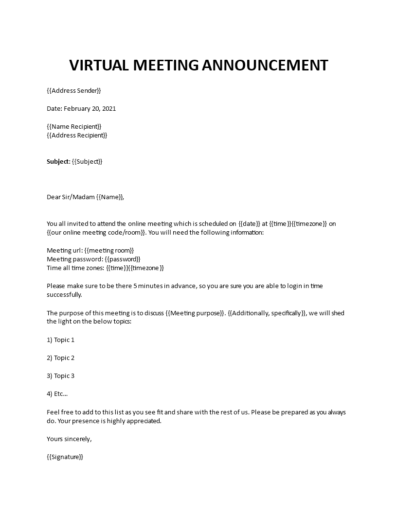 Virtual Meeting announcement letter For Meeting Notice Template