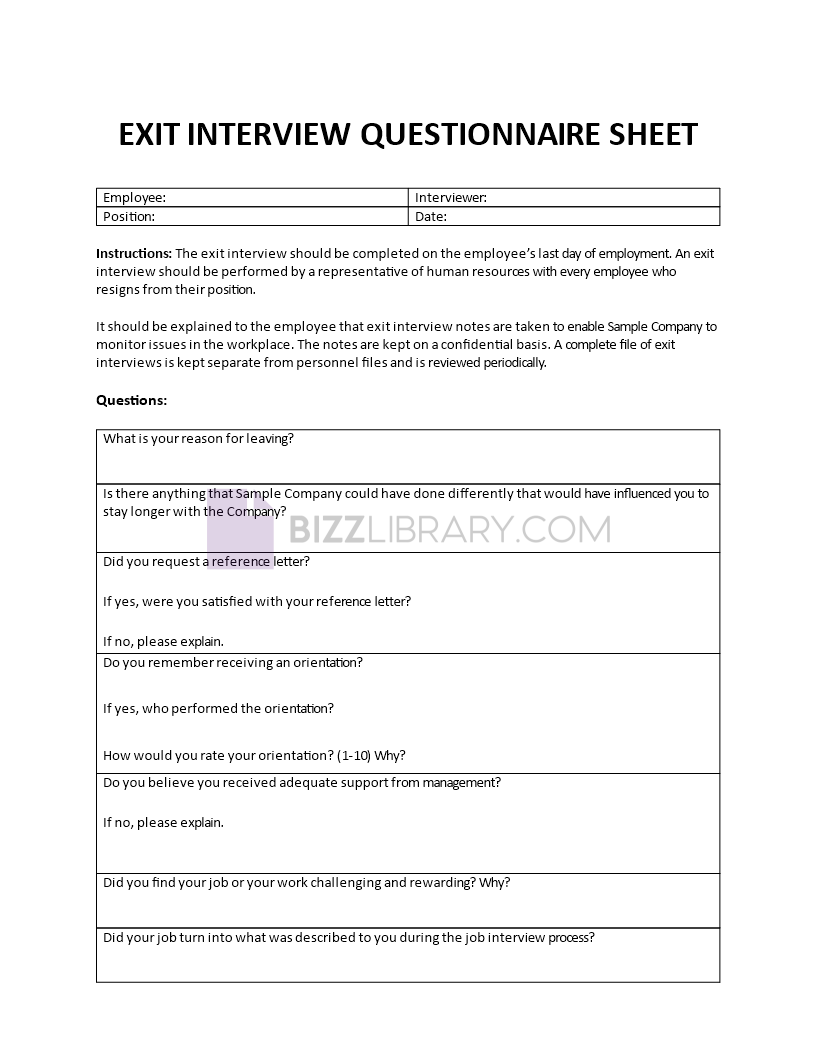 exit interview questionnaire sheet Main Image exit interview questionnaire sheet template