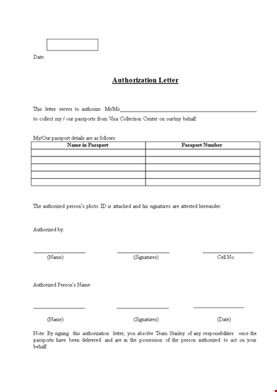 Authorized Claim Authorization Letter Template for Person's Passport