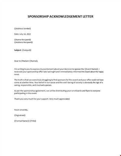 Sponsorship Acknowledgement Letter Template