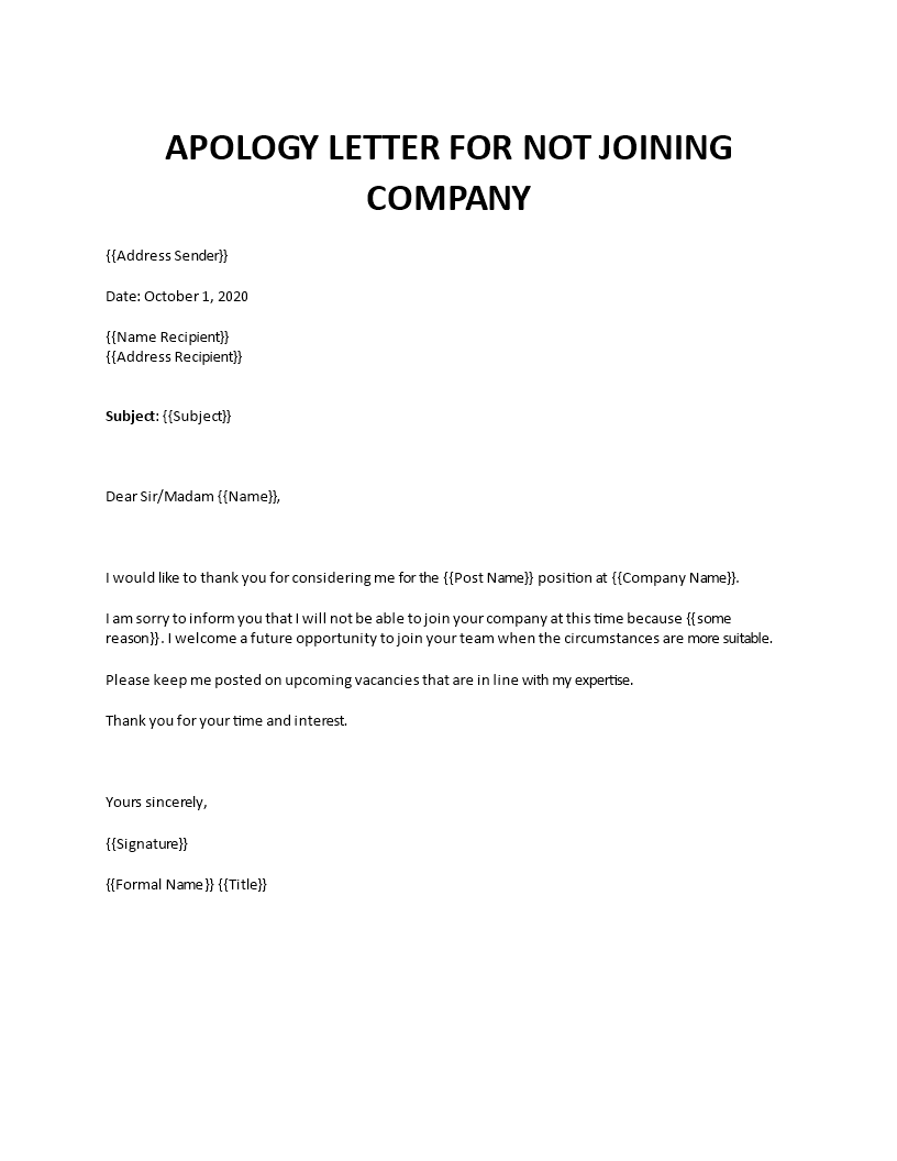 Apology letter for job refusal