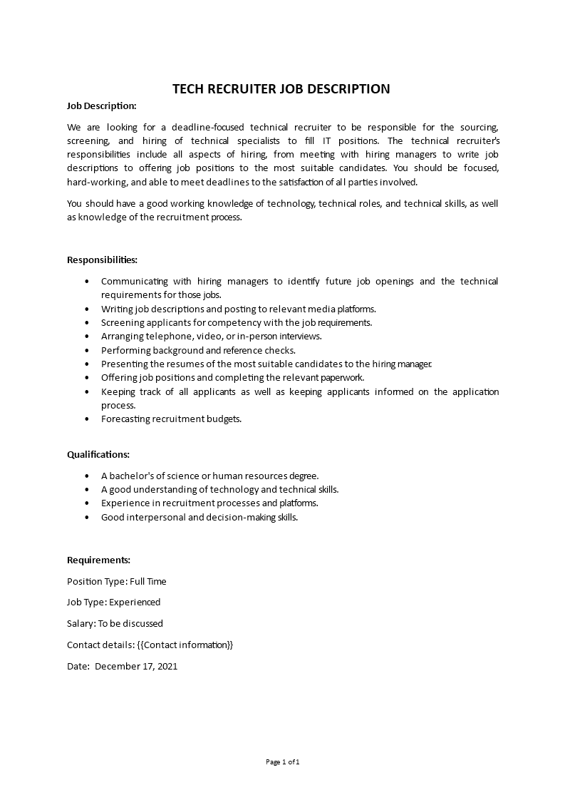 tech recruiter job description
