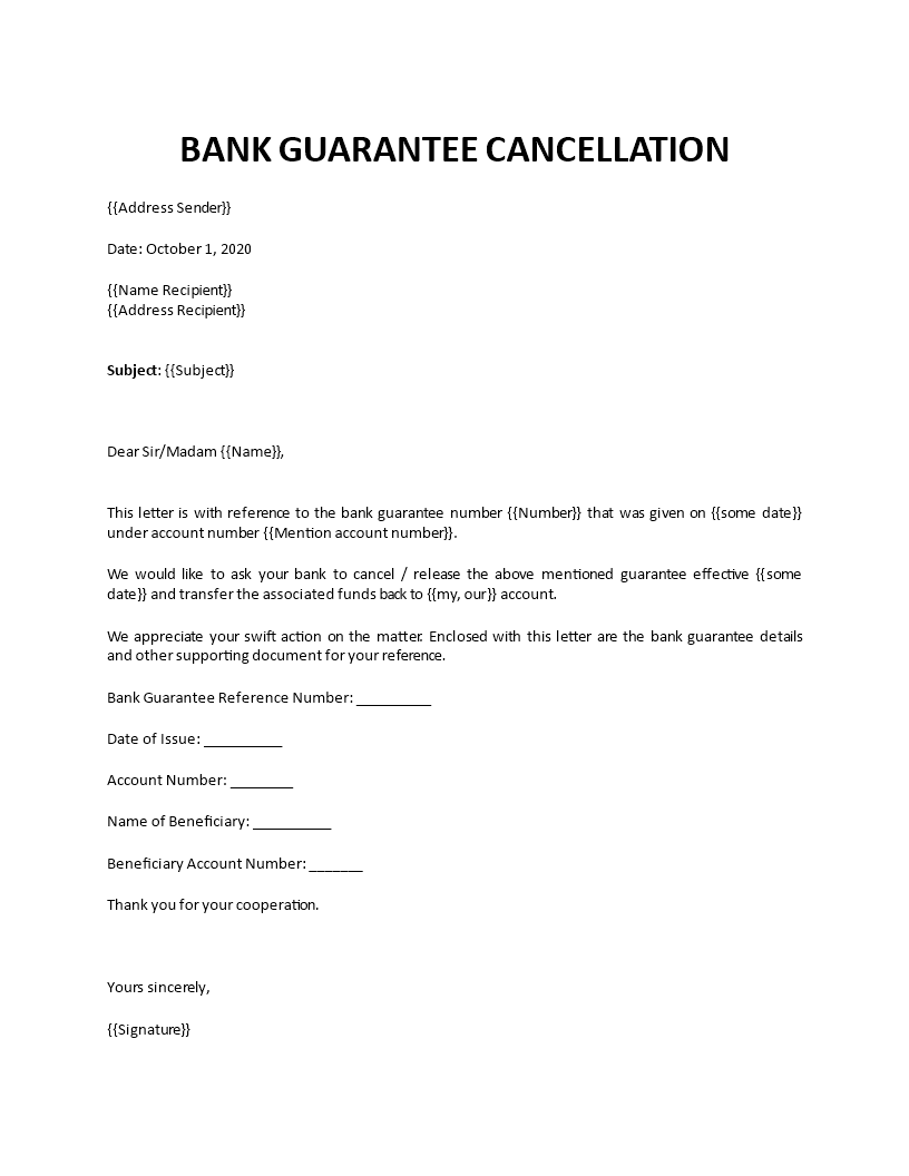 Bank guarantee cancellation Inside Letter Of Guarantee Template