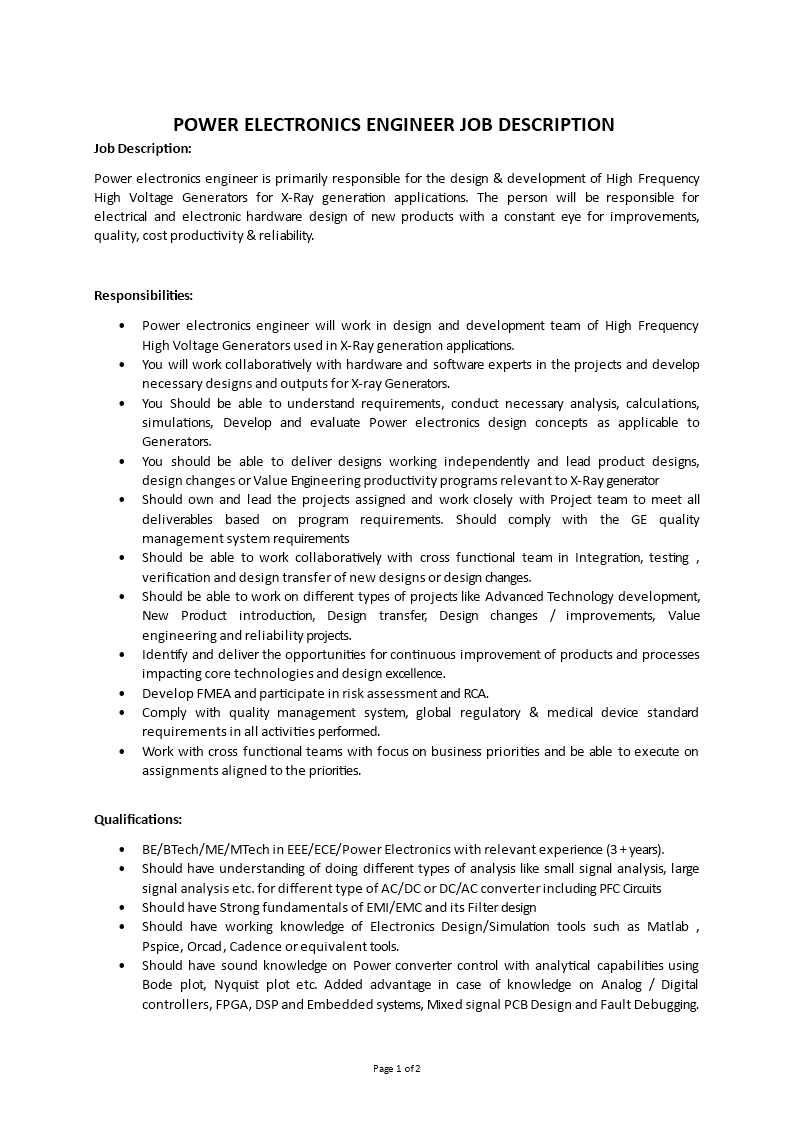 power electronics engineer job description example