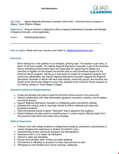 Regional Admissions Counselor Job Description