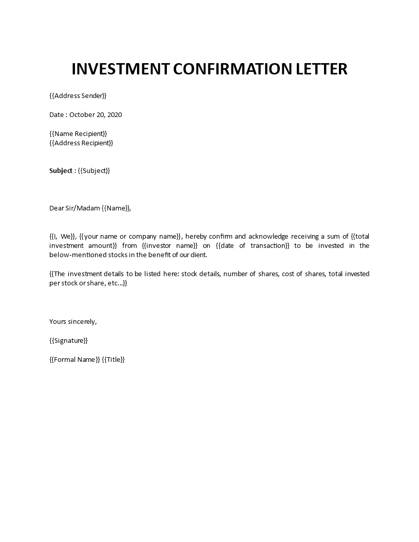 Investment confirmation letter With Proof Of Funds Letter Template
