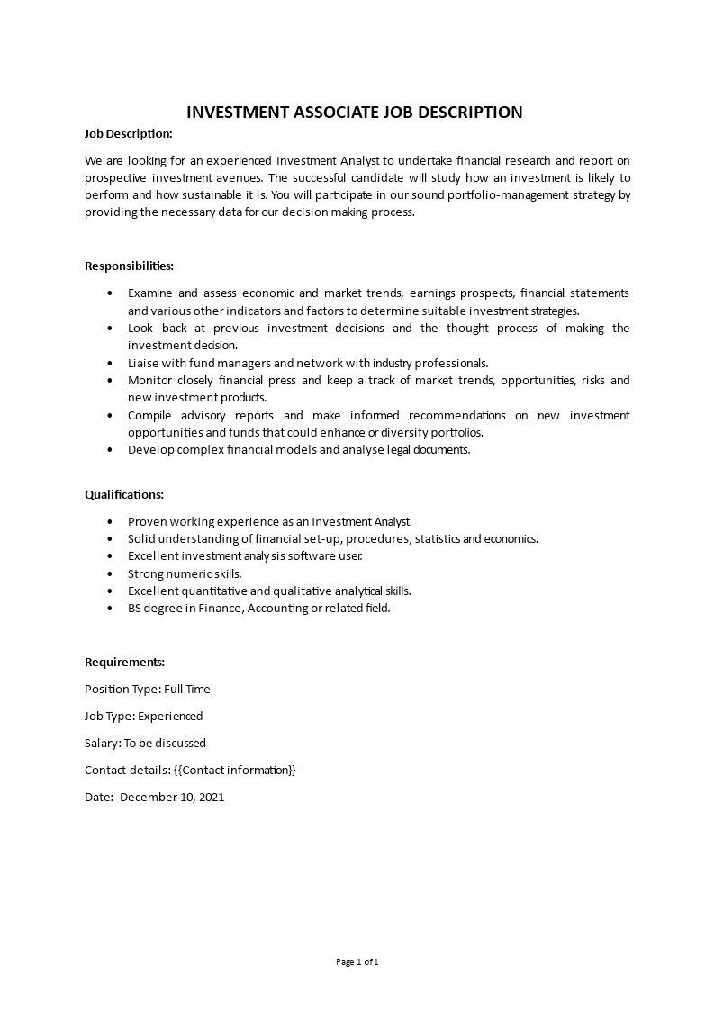 investment associate job description Main Image investment associate job description
