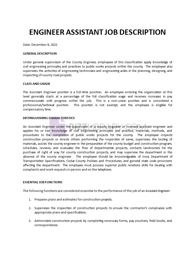 engineer assistant job description template