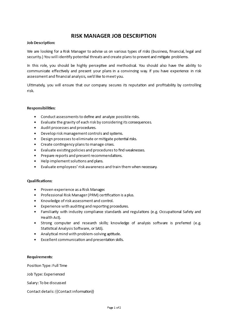 risk manager job description