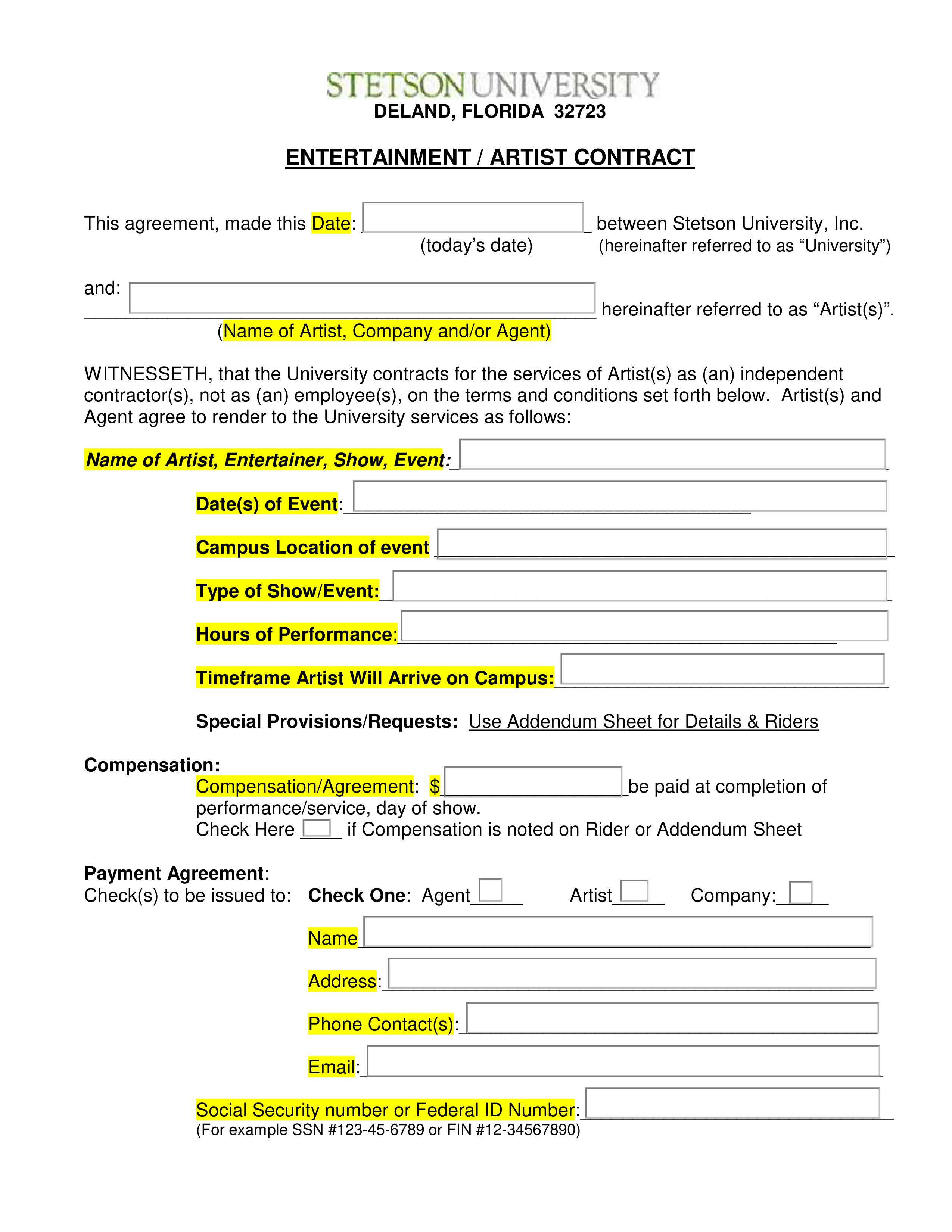 Entertainment Artist Contract Template