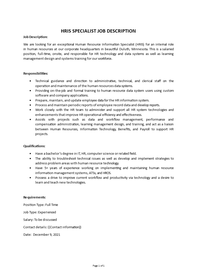 hris specialist job description Main Image hris specialist job description template