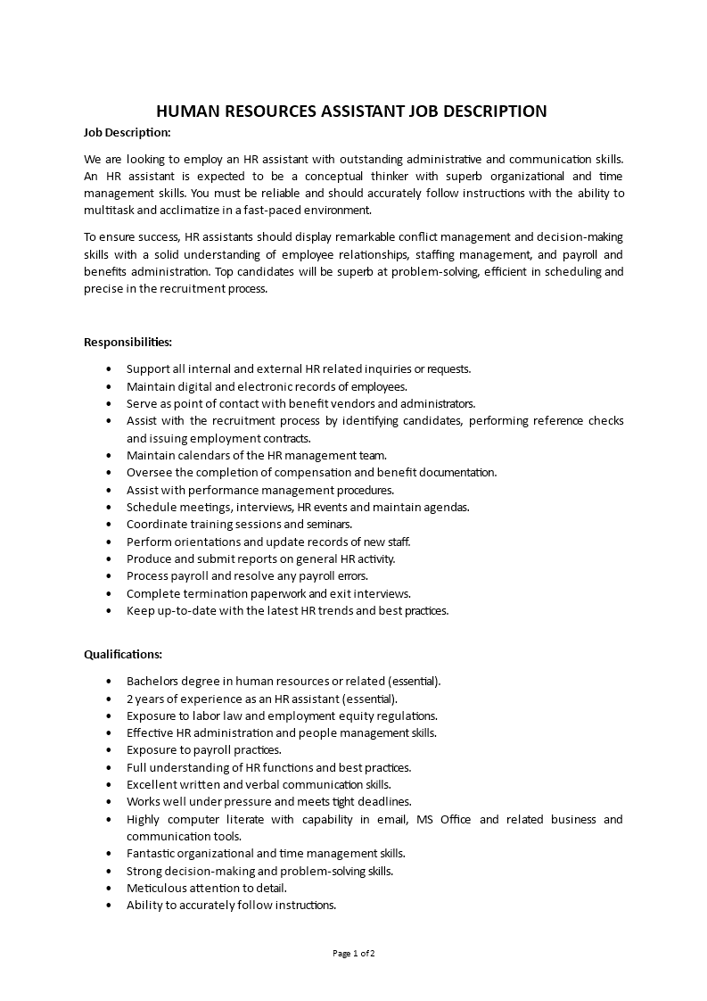 human resource assistant job description