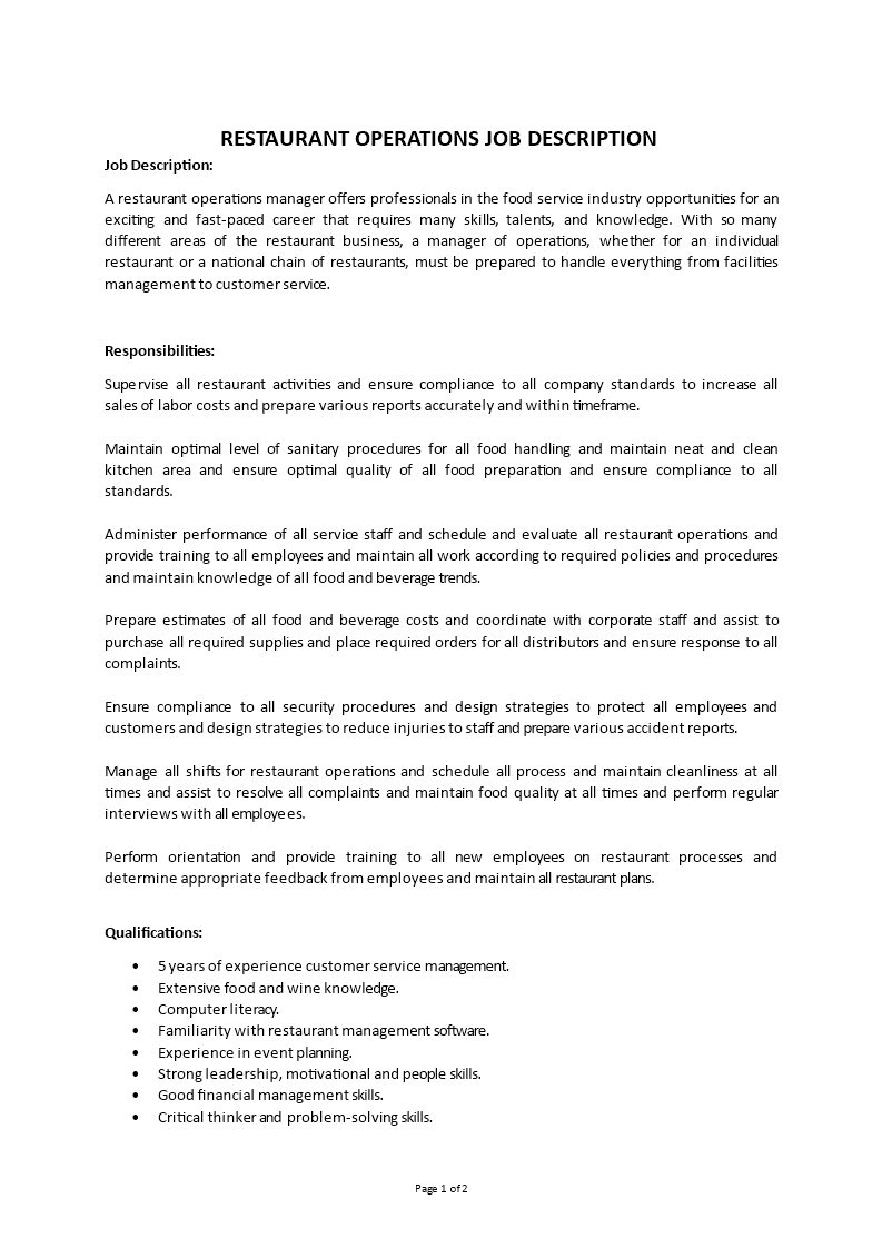 restaurant director of operations job description Main Image restaurant director of operations job description template
