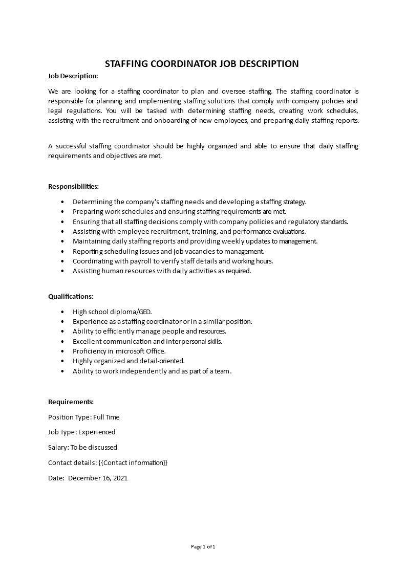 staffing coordinator job description  template