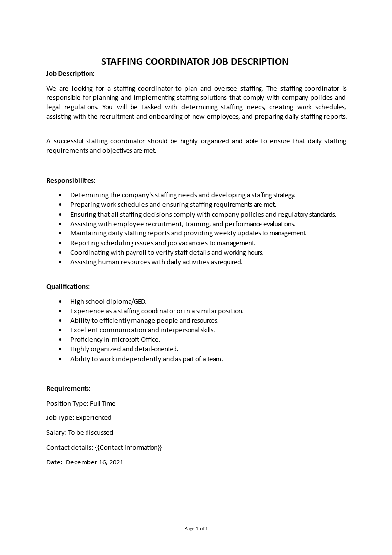 staffing coordinator job description