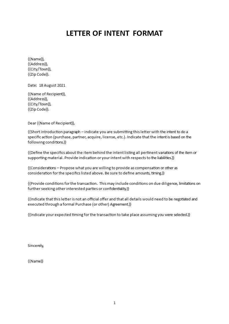 letter of intent format Main Image letter of intent format template