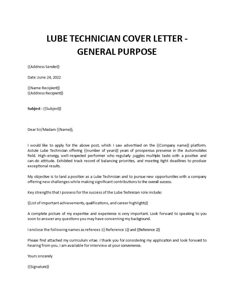 lube technician cover letter