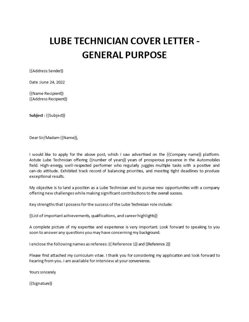 lube technician cover letter Main Image lube technician cover letter