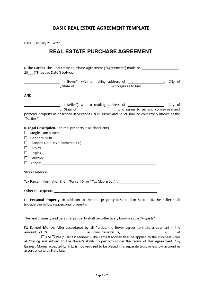 basic real estate agreement template