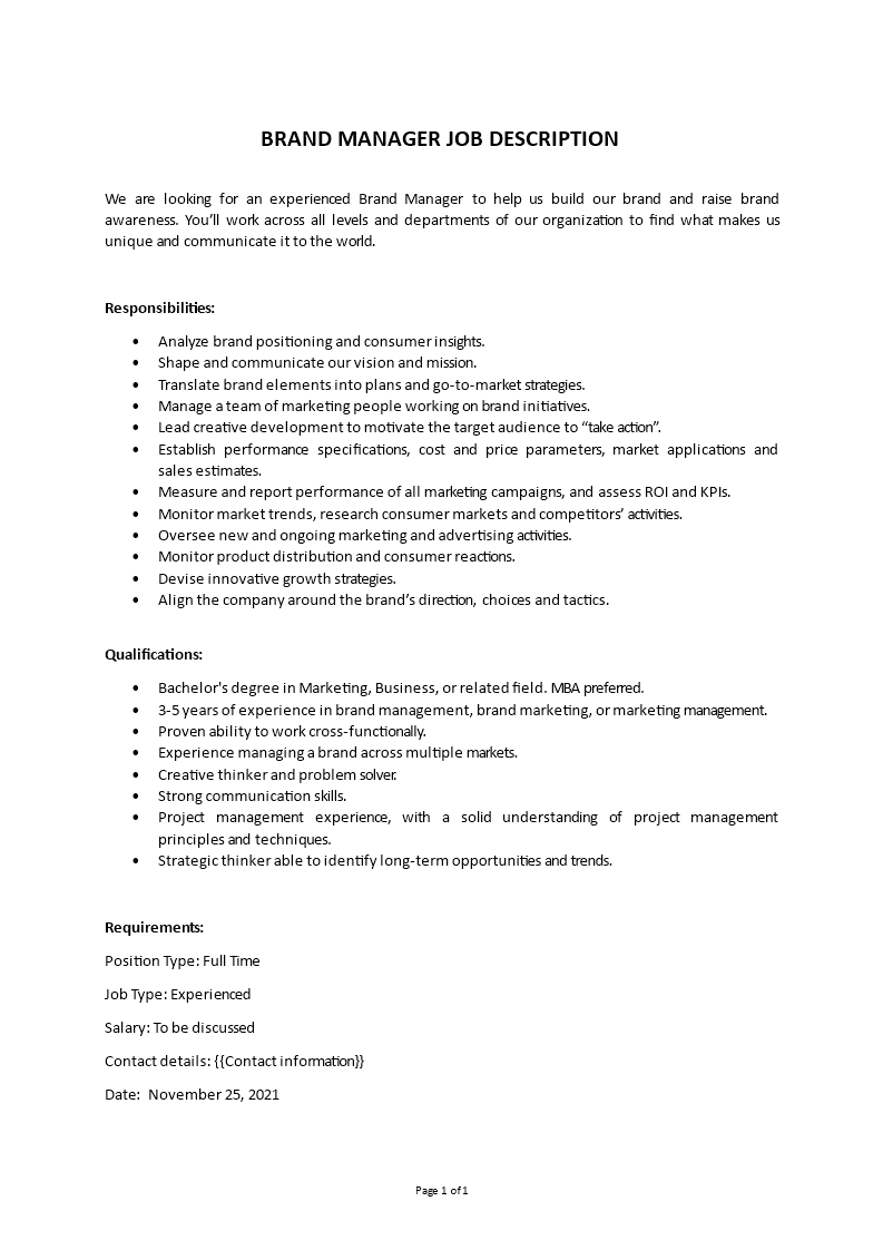 brand manager job description template