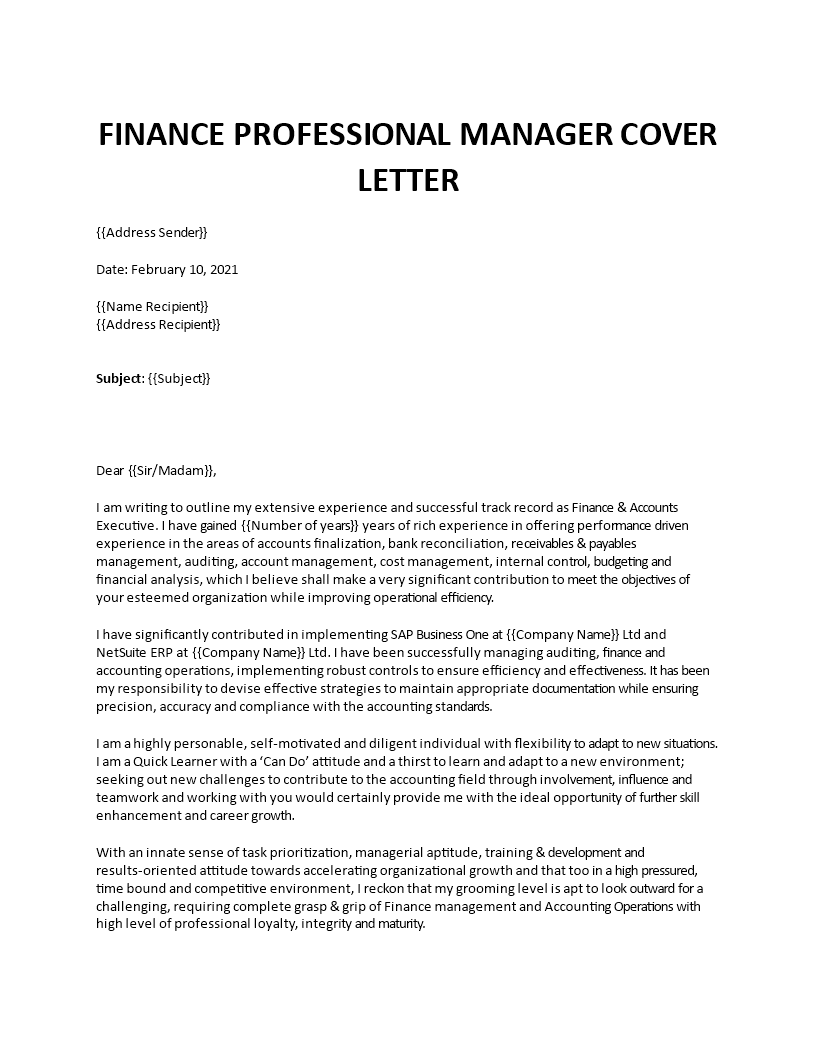 finance manager job application letter template