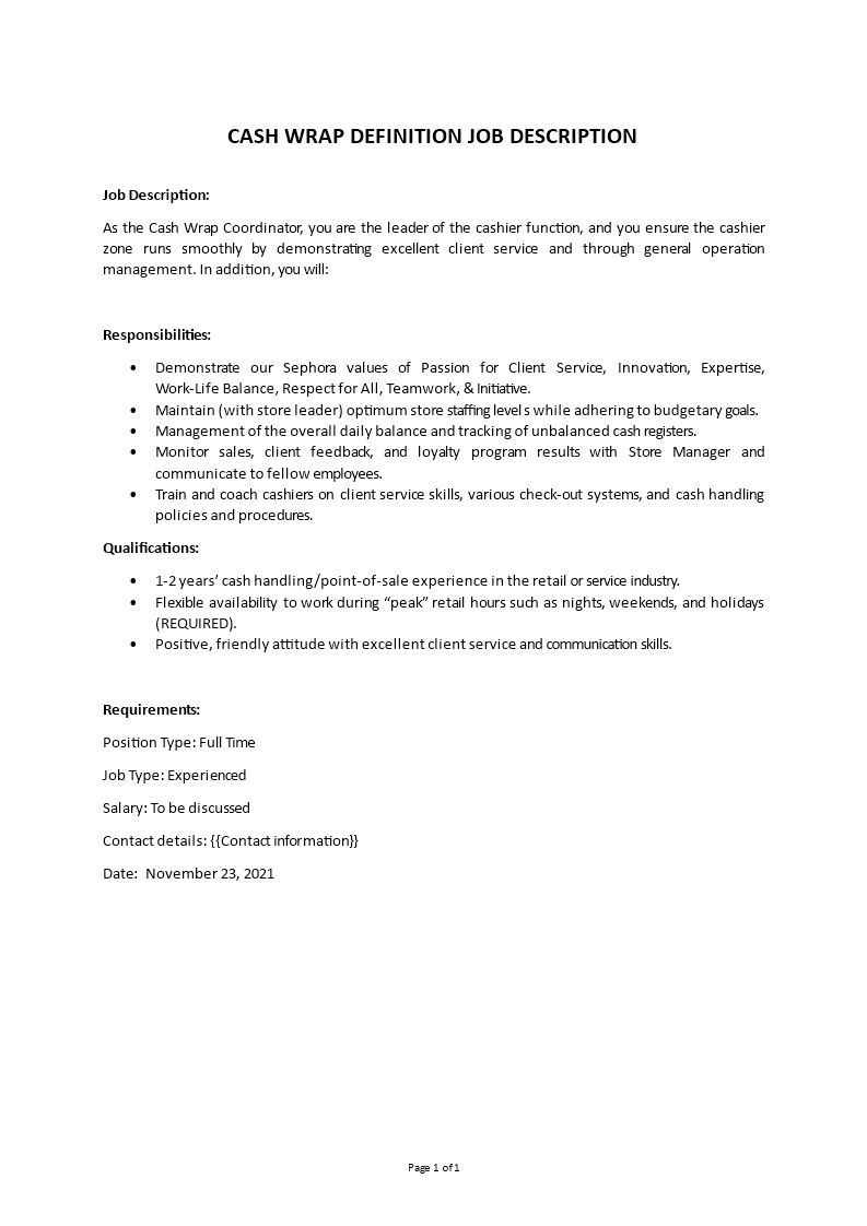 cash wrap job description Main Image cash wrap job description