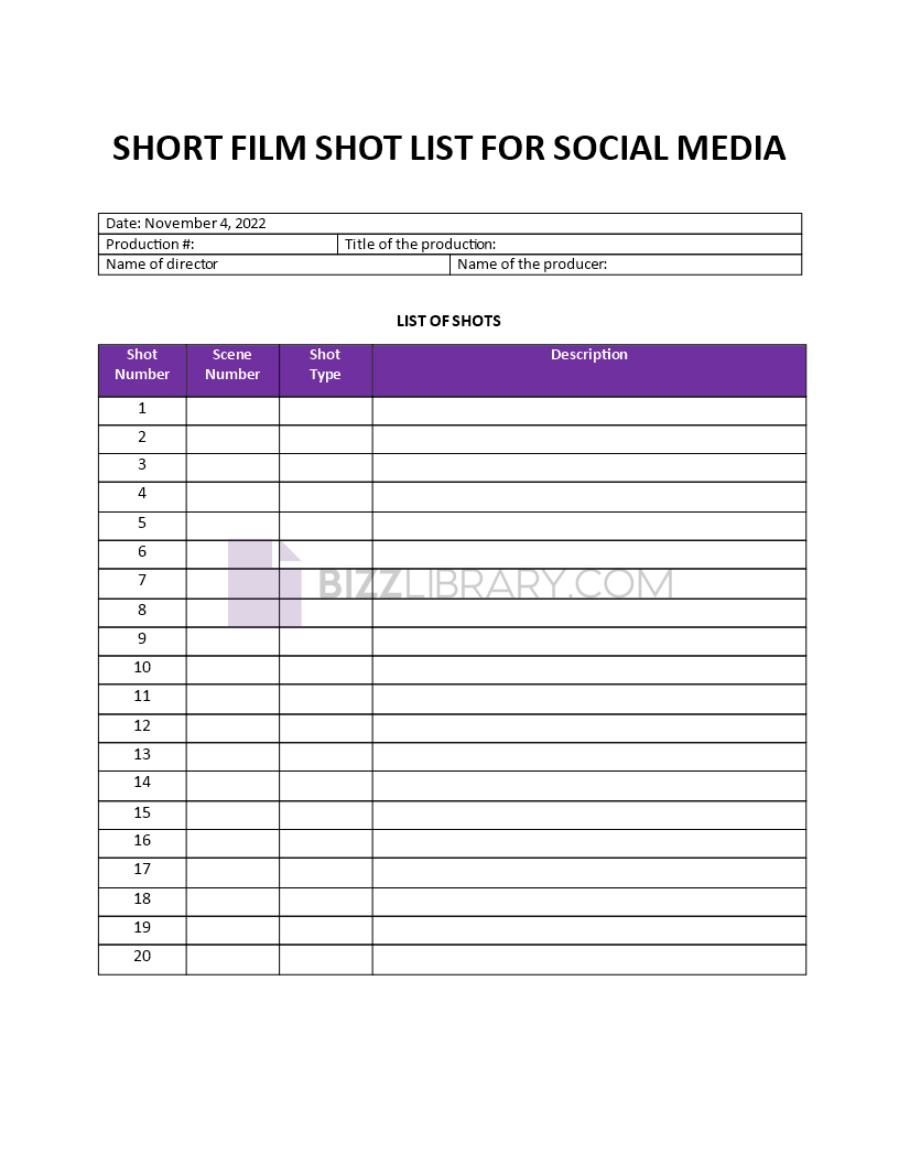 shot list template Main Image shot list template template