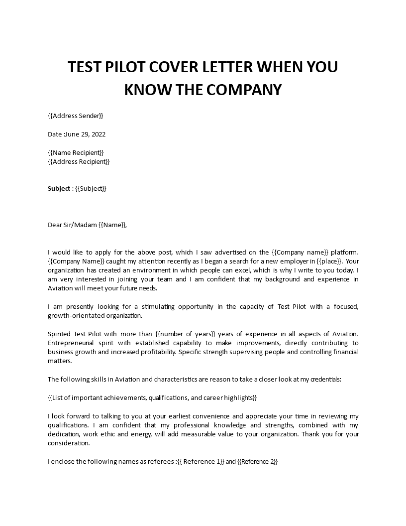 test pilot cover letter template