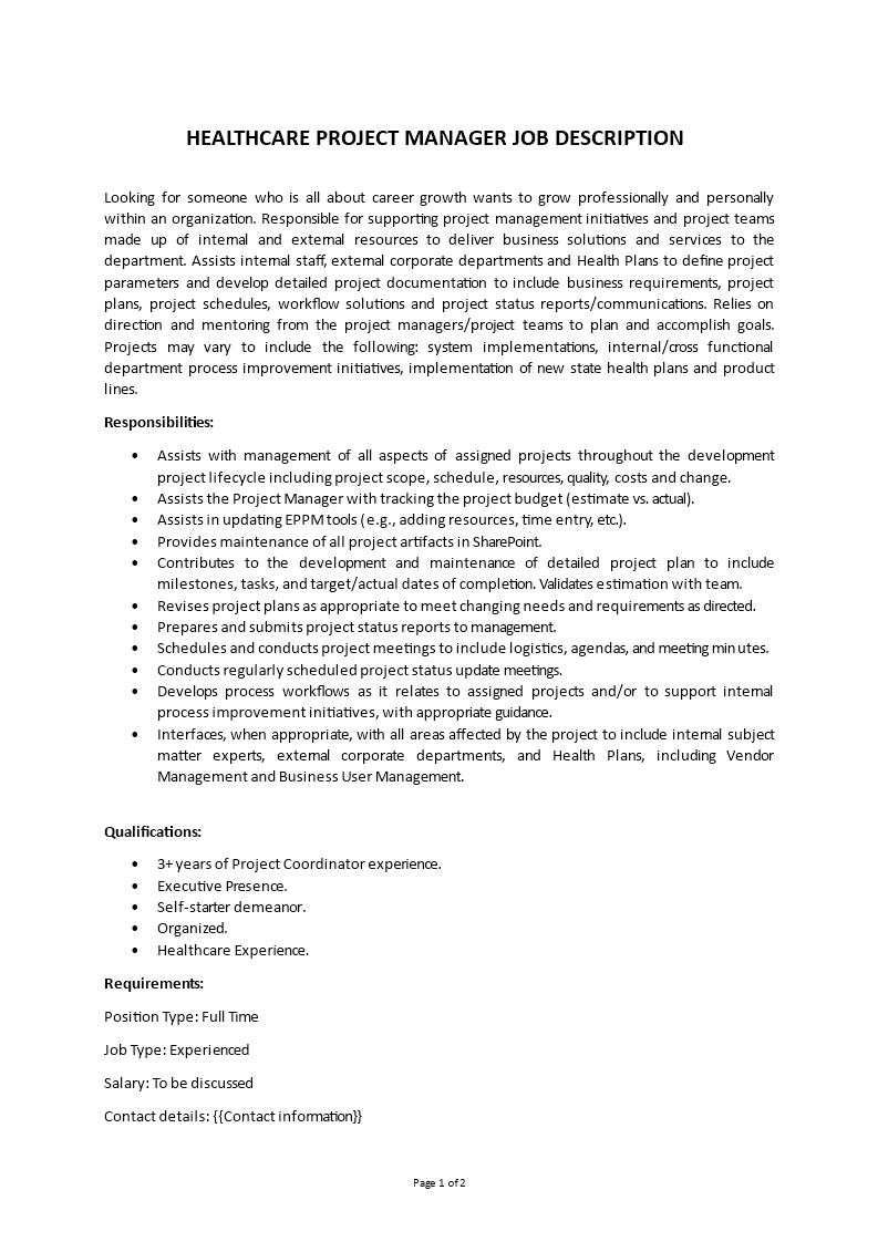 healthcare project manager job description