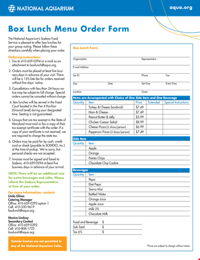 Printable Menu Order Form Template