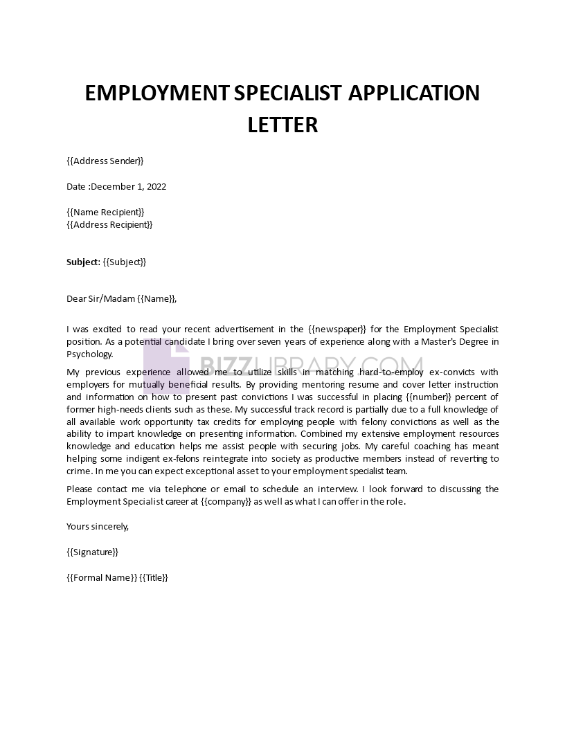 employment specialist application letter template