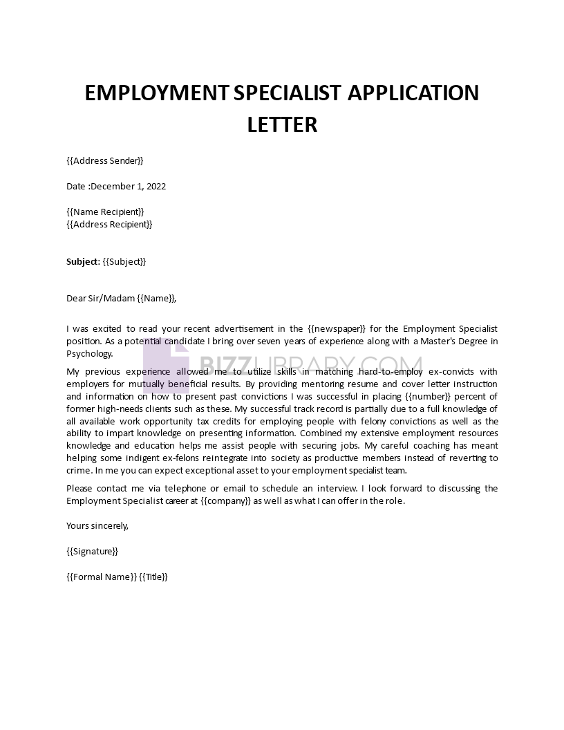 employment specialist application letter Main Image employment specialist application letter template