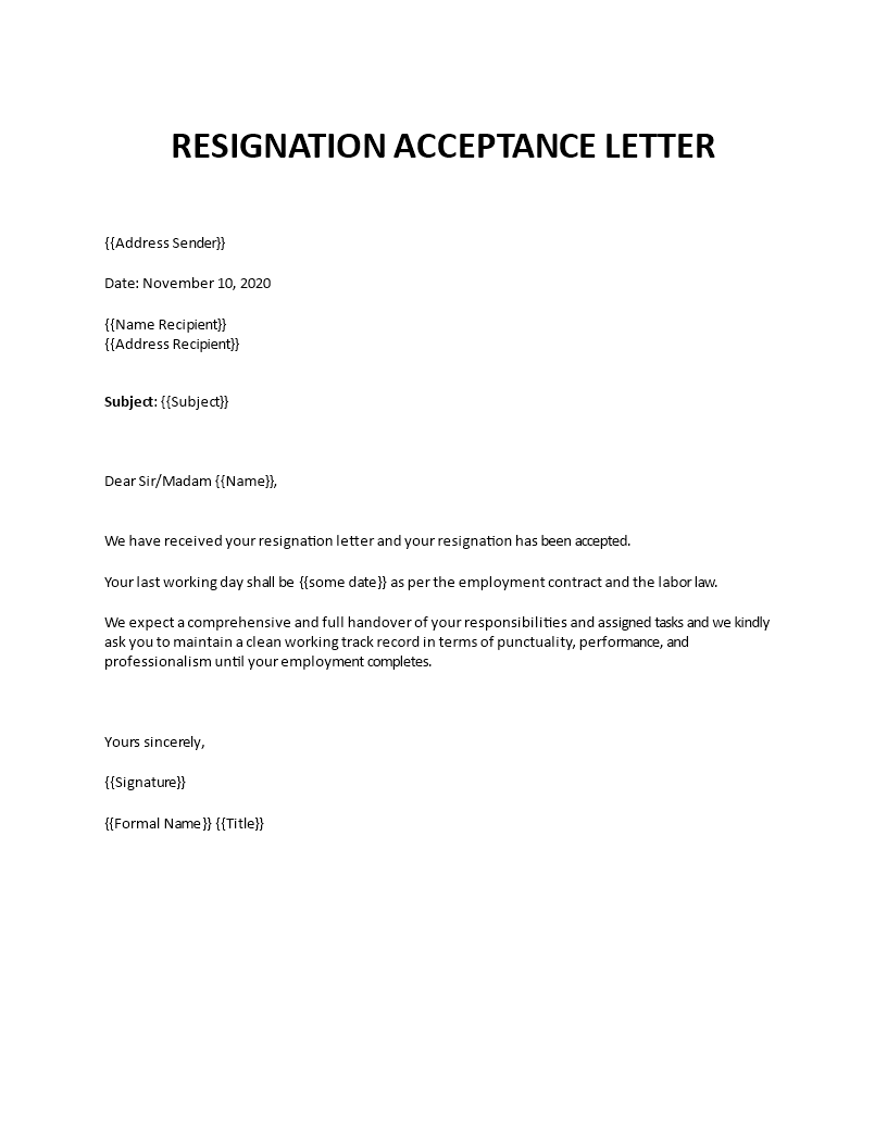 employee resignation acceptance letter template