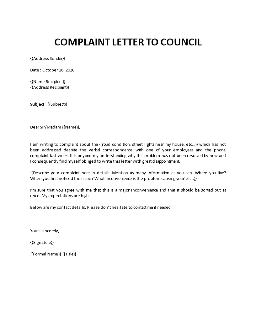 Complaint letter to council