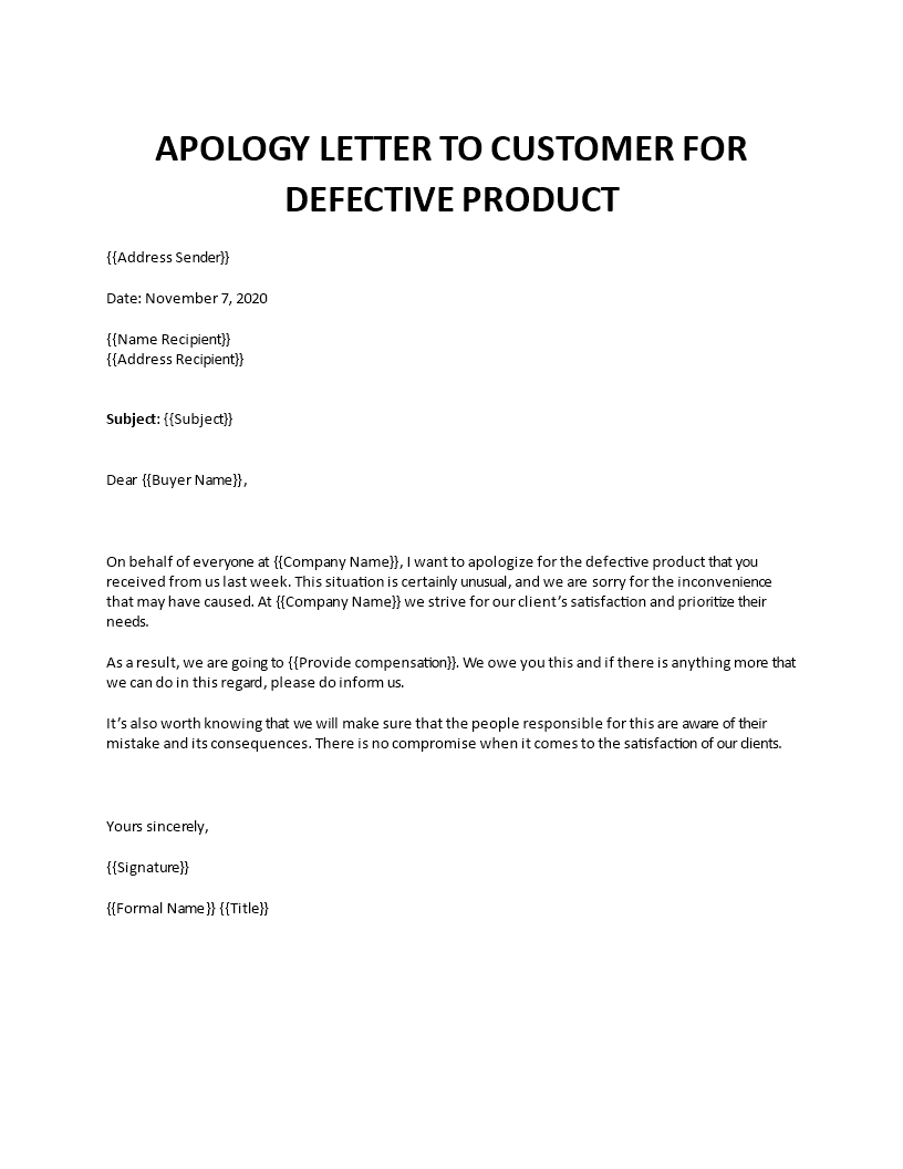Apology letter to customer for defective product