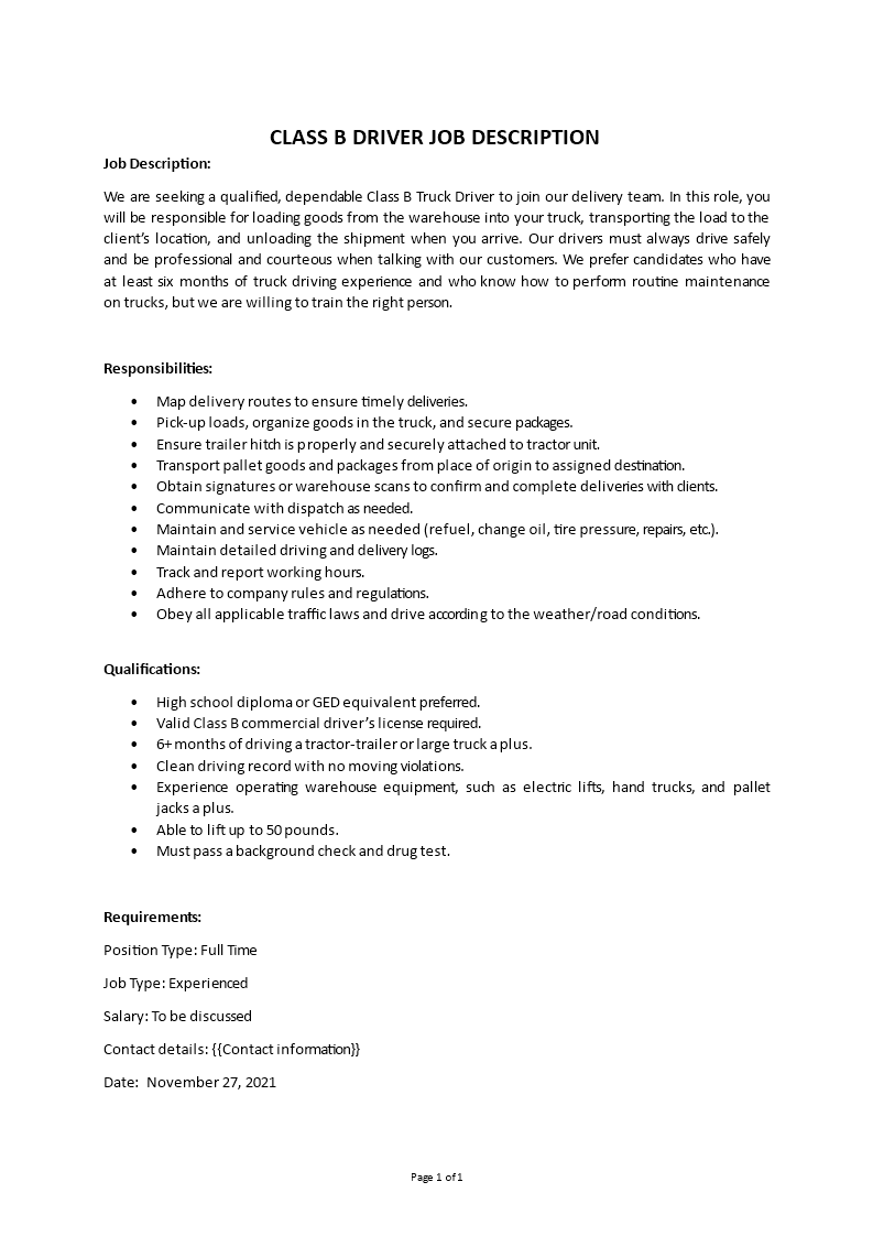 class b driver job description