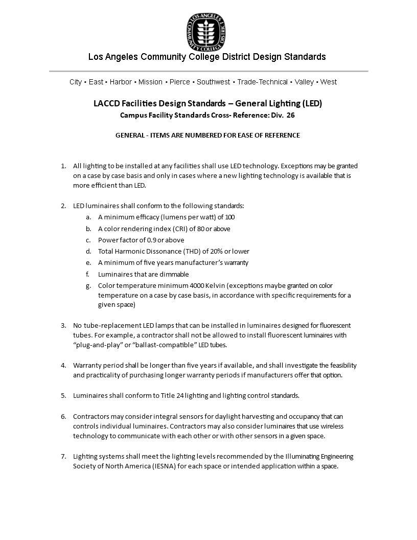 LACCD Facilities Design Standards Lighting Standards and Luminaires for General Lighting