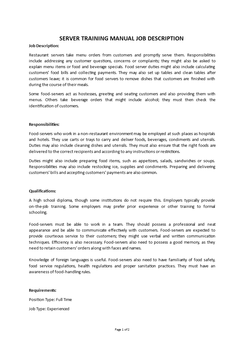 server trainee job description