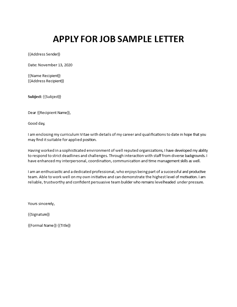apply for job sample letter template