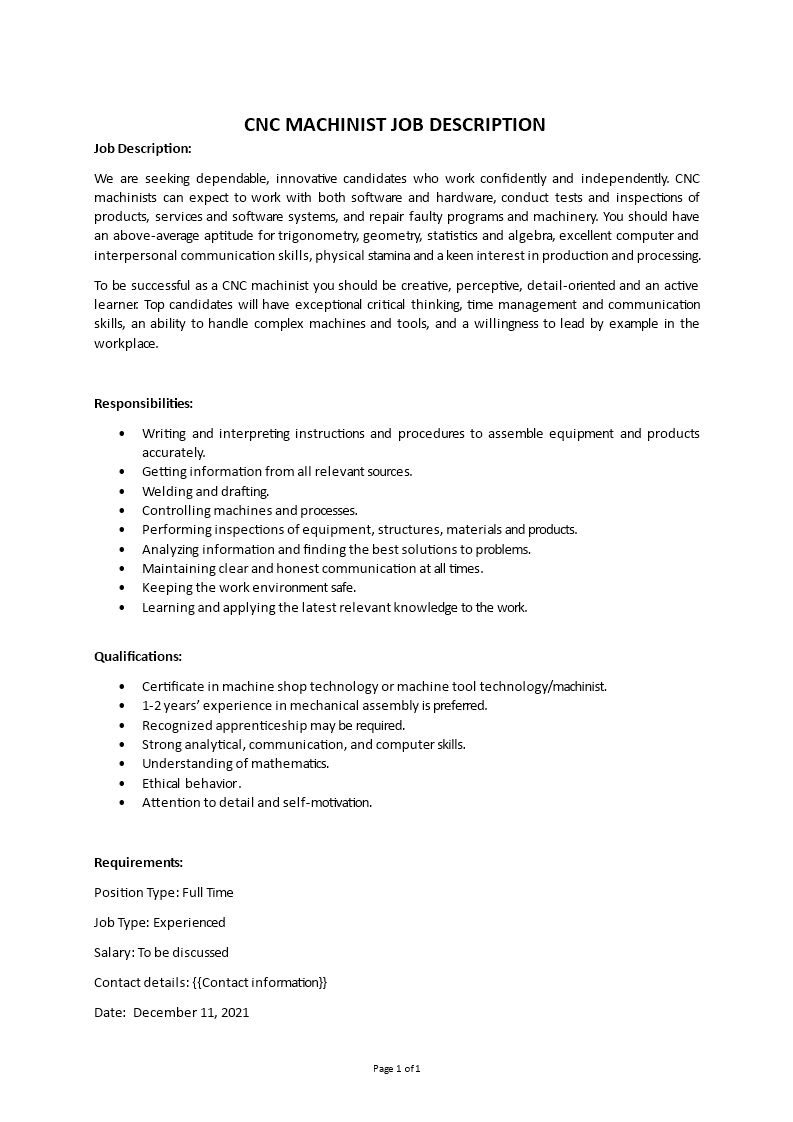 cnc machinist job description