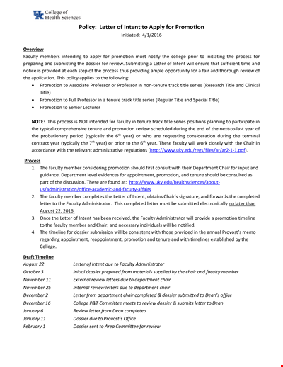 Policy for Letter of Intent - Guidelines for Letter, Promotion, and Title for Faculty Chair